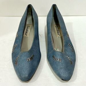 SOCIALITES Women’s Vintage Blue Denim & Silver Rhinestone Heels Shoes - size 7.5